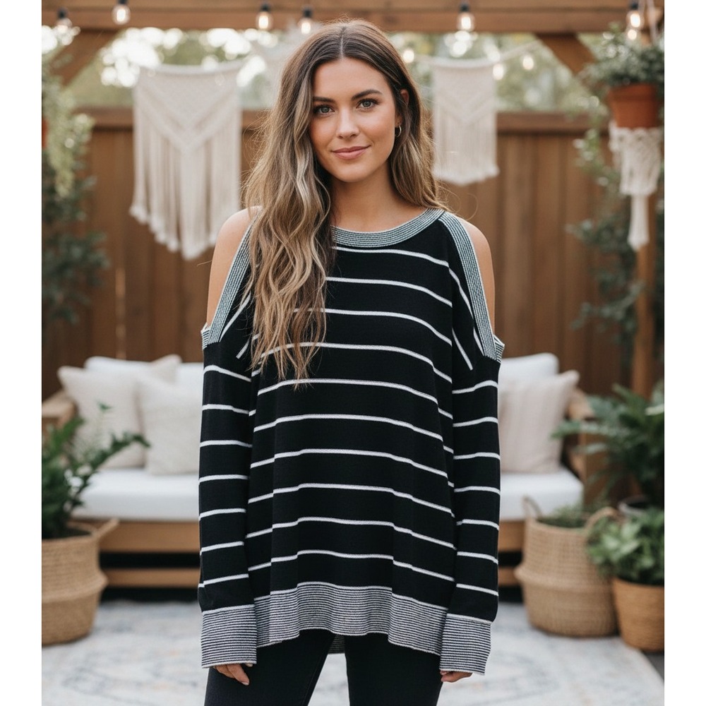 Loft S Sweater Black White Striped Cold Shoulder Boho Edgy Retro Indie Festival